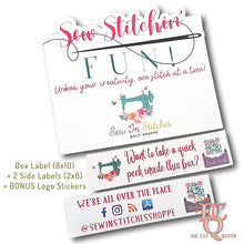 Load image into Gallery viewer, Die Cut Queen's custom shaped Box Labels, 2 Side Labels + BONUS Logo Stickers created for Sew Stitchin' Fun Box at www.sewinstitchesshoppe.com