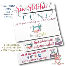 Load image into Gallery viewer, Die Cut Queen's custom shaped box label plus 2 side labels with QR Codes to direct to website or take a peek inside the box, etc. for Sew In Stitches at www.sewinstitchesshoppe.com