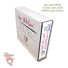 Load image into Gallery viewer, Die Cut Queen's custom shaped Box Labels, 2 Side Labels + BONUS Logo Stickers created for Sew Stitchin' Fun Box at www.sewinstitchesshoppe.com
