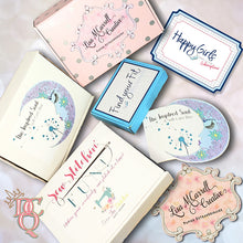 Load image into Gallery viewer, Die Cut Queen's custom shaped Box Labels, 2 Side Labels + BONUS Logo Stickers - Variety