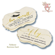 Load image into Gallery viewer, Die Cut Queen's custom shaped foldover business cards which are perfect for allowing your prospect to jot down their favorites items.