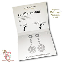 Load image into Gallery viewer, Die Cut Queen's custom shaped Foldover Matchbook Accessory Card for that extra-special touch as an all-in-one gift. Designed for The Earfluential Box at www.daisybeelorraine.com