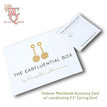 Load image into Gallery viewer, Die Cut Queen's custom shaped Foldover Matchbook Accessory Card for that extra-special touch as an all-in-one gift. Combined with a simple coordinating 2.5" earring card.Designed for The Earfluential Box at www.daisybeelorraine.com