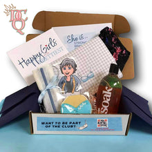 Load image into Gallery viewer, Die Cut Queen's custom shaped Box Labels, 2 Side Labels + BONUS Logo Stickers created for The Happy Girls Subscription Box at www.thebramarket.com