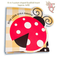 Load image into Gallery viewer, Die Cut Queen's custom shaped 6-in-1 Quadfold insert that showcases up to 6 panels of information such as Call to Action, About Us, Thank You, Social Links from QR Codes, Referral Programs or Coupons, What's Next, etc. for Busy Lady Quilt Shop at www.busyladyquiltshop.com