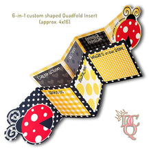 Load image into Gallery viewer, Die Cut Queen's custom shaped 6-in-1 Quadfold insert that showcases up to 6 panels of information such as Call to Action, About Us, Thank You, Social Links from QR Codes, Referral Programs or Coupons, What's Next, etc. for Busy Lady Quilt Shop at www.busyladyquiltshop.com