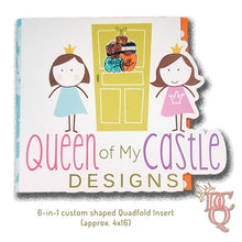 Load image into Gallery viewer, Die Cut Queen's custom shaped 6-in-1 Quadfold insert that showcases up to 6 panels of information such as Call to Action, About Us, Thank You, Social Links from QR Codes, Referral Programs or Coupons, What's Next, etc. for Queen of My Castle doorhangers at www.queenofmycastledesigns.com