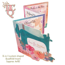 Load image into Gallery viewer, DIE CUT QUEEN 6-in-1 Quadfold Inserts to showcase important pieces of information about your brand. Such as About Us, Personal Thank You, What's in the Box, Call to Action, Referral Program or Coupons, QR Code links to website, social media, promotions, etc.