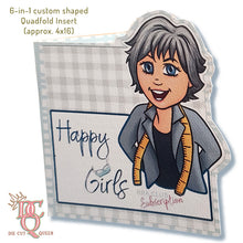 Load image into Gallery viewer, Die Cut Queen's custom shaped 6-in-1 Quadfold insert that showcases up to 6 panels of information such as Call to Action, About Us, Thank You, Social Links from QR Codes, Referral Programs or Coupons, What's Next, etc. for The Bra Market's Happy Girls Subscription Box at www.thebramarket.com