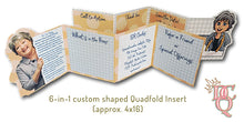 Load image into Gallery viewer, Die Cut Queen's custom shaped 6-in-1 Quadfold insert that showcases up to 6 panels of information such as Call to Action, About Us, Thank You, Social Links from QR Codes, Referral Programs or Coupons, What's Next, etc. for The Bra Market's Happy Girls Subscription Box at www.thebramarket.com
