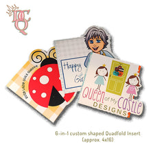 Load image into Gallery viewer, Die Cut Queen's custom shaped 6-in-1 Quadfold insert Variety that showcases up to 6 panels of information such as Call to Action, About Us, Thank You, Social Links from QR Codes, Referral Programs or Coupons, What's Next, etc.