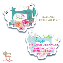 Load image into Gallery viewer, Die Cut Queen's custom shaped double-sided business cards designed for Sew In Stitches Shoppe at www.sewinstitchesshoppe.com