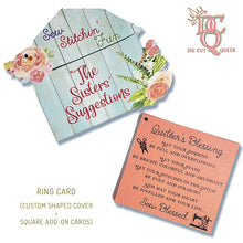 Load image into Gallery viewer, Die Cut Queen's custom shaped RING CARD with monthly add-ons of information to keep in an organized manner for Sew In Stitches at www.sewinstitchesshoppe.com