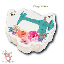 Load image into Gallery viewer, Die Cut Queen's custom shaped design of sewing machine Logo Stickers for Sew Stitchin' Fun Box at www.sewinstitchesshoppe.com
