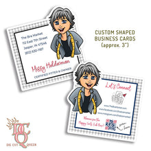 Load image into Gallery viewer, Die Cut Queen's 3" custom shaped BUSINESS CARDS for The Bra Market at www.thebramarket.com.