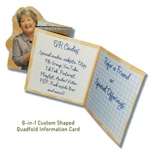 Load image into Gallery viewer, Die Cut Queen's custom shaped 6-in-1 Quadfold Branded Information Insert Card for The Bra Market at www.thebramarket.com
