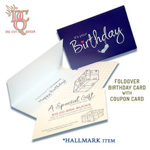 Load image into Gallery viewer, Die Cut Queen's FOLDOVER BIRTHDAY CARD with BIRTHDAY COUPON INSERT for The Bra Market at www.thebramarket.com.