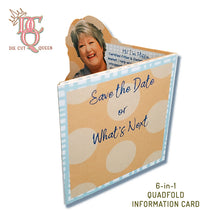 Load image into Gallery viewer, Die Cut Queen's custom shaped 6-in-1 Quadfold Branded Information Insert Card for The Bra Market at www.thebramarket.com