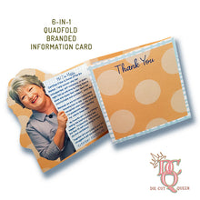 Load image into Gallery viewer, Die Cut Queen's custom shaped 6-in-1 Quadfold Branded Information Insert Card for The Bra Market at www.thebramarket.com