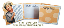 Load image into Gallery viewer, Die Cut Queen's custom shaped 6-in-1 Quadfold Branded Information Insert Card for The Bra Market at www.thebramarket.com