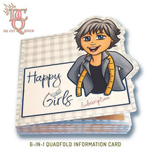 Load image into Gallery viewer, Die Cut Queen's folded custom shaped 6-in-1 Quadfold Branded Information Insert Card for The Bra Market at www.thebramarket.com