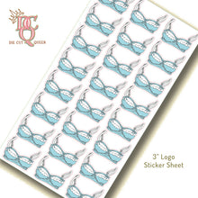 Load image into Gallery viewer, Die Cut Queen's custom shaped design of bra Logo Sticker Sheet for Bra Market Subscription Box at www.thebramarket.com