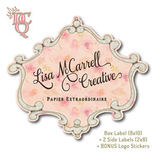 Load image into Gallery viewer, Die Cut Queen&#39;s custom shaped Box Labels, 2 Side Labels + BONUS Logo Stickers created for Lisa McCarrell Creative at www.elevateyourbox.com
