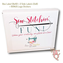 Load image into Gallery viewer, Die Cut Queen&#39;s custom shaped Box Labels, 2 Side Labels + BONUS Logo Stickers created for Sew Stitchin&#39; Fun Box at www.sewinstitchesshoppe.com
