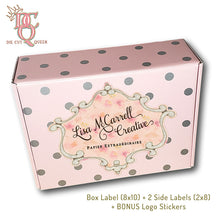 Load image into Gallery viewer, Die Cut Queen&#39;s custom shaped Box Labels, 2 Side Labels + BONUS Logo Stickers created for Lisa McCarrell Creative at www.elevateyourbox.com
