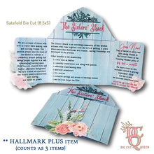 Load image into Gallery viewer, Die Cut Queen&#39;s custom shaped GATEFOLD INFORMATION CARD for Sew In Stitches at www.sewinstitchesshoppe.com
